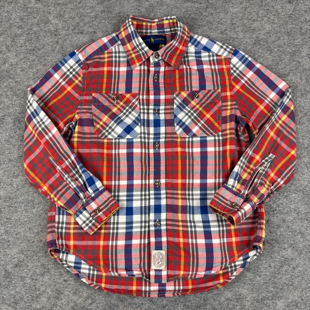 Ralph Lauren Button Up Shirt Long Sleeve Plaid Red Double Pockets Boys 6